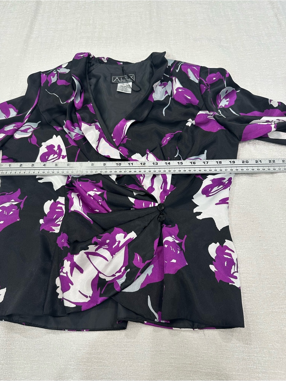 Alex Evenings Floral Satin Faux-Wrap Blouse Jacket Portrait Collar Purple Black - Picture 6 of 15